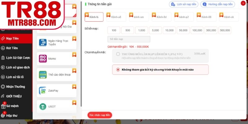 Điều kiện nạp tiền TR88