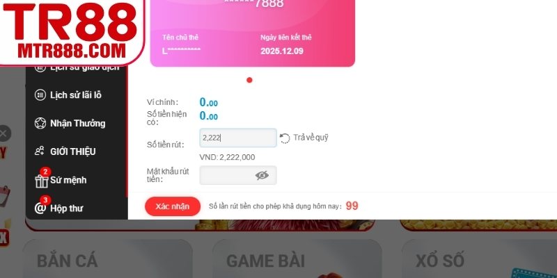 Hạn mức rút tiền TR88 hàng ngày